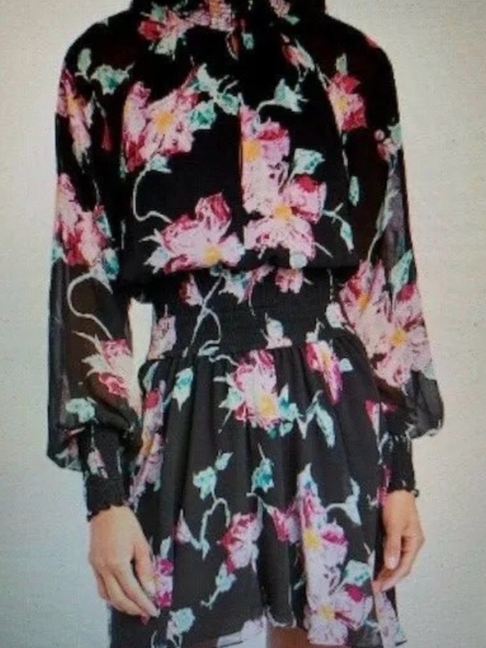 A.L.C. Silk Floral Long-Sleeve Black Mini Dress